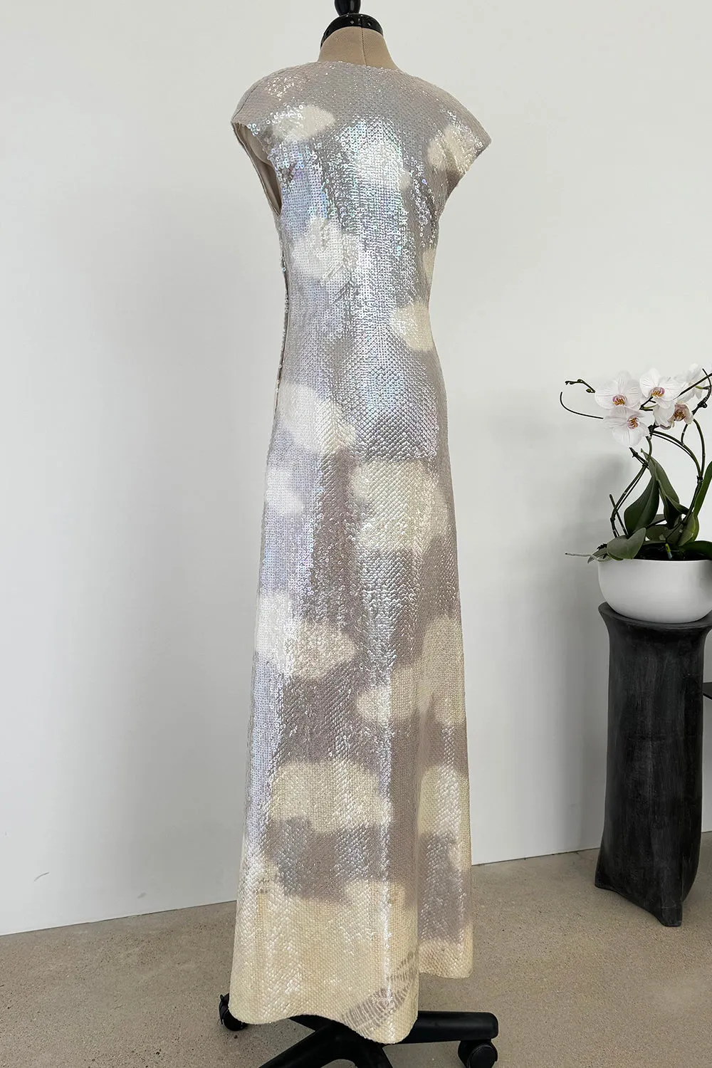 Halston Fall 1973 Cloud Dress in Silver Grey & Ivory Covered with Iridescent Sequins - 13-14" W