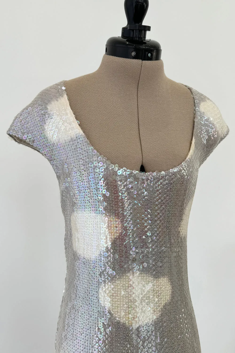 Halston Fall 1973 Cloud Dress in Silver Grey & Ivory Covered with Iridescent Sequins - 13-14" W