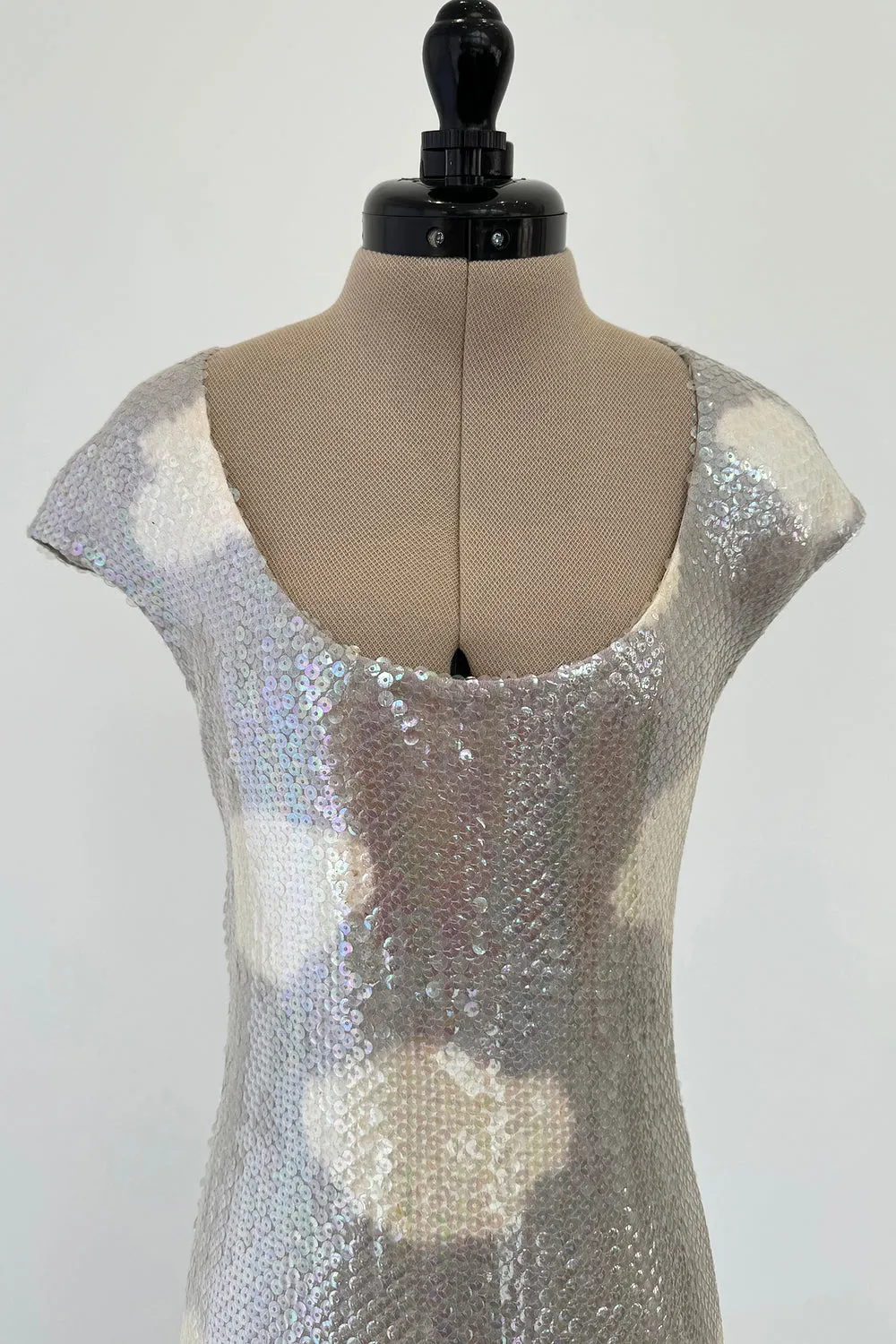 Halston Fall 1973 Cloud Dress in Silver Grey & Ivory Covered with Iridescent Sequins - 13-14" W