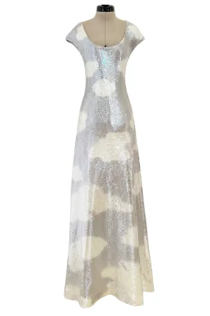 Halston Fall 1973 Cloud Dress in Silver Grey & Ivory Covered with Iridescent Sequins - 13-14" W