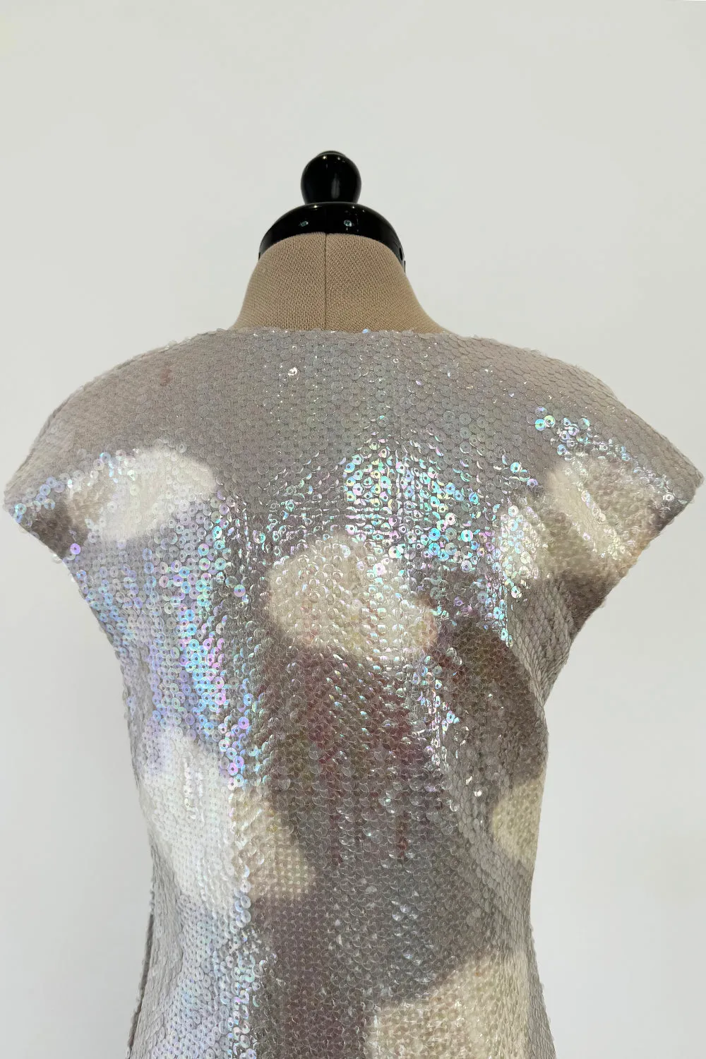 Halston Fall 1973 Cloud Dress in Silver Grey & Ivory Covered with Iridescent Sequins - 13-14" W