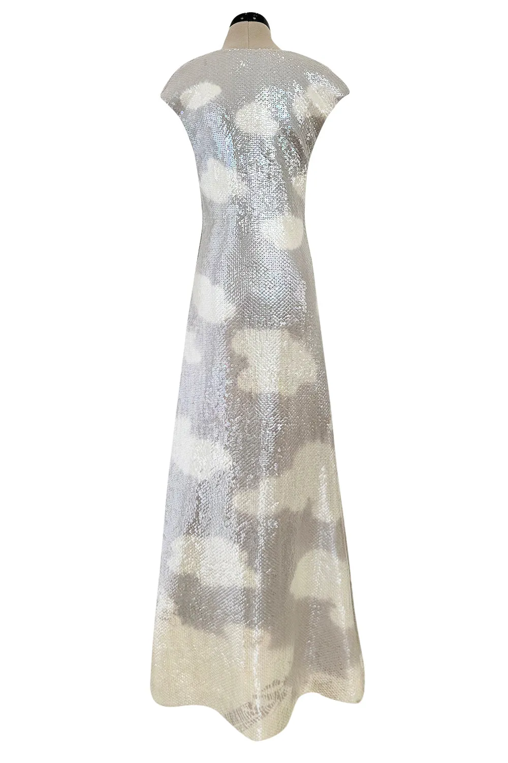 Halston Fall 1973 Cloud Dress in Silver Grey & Ivory Covered with Iridescent Sequins - 13-14" W