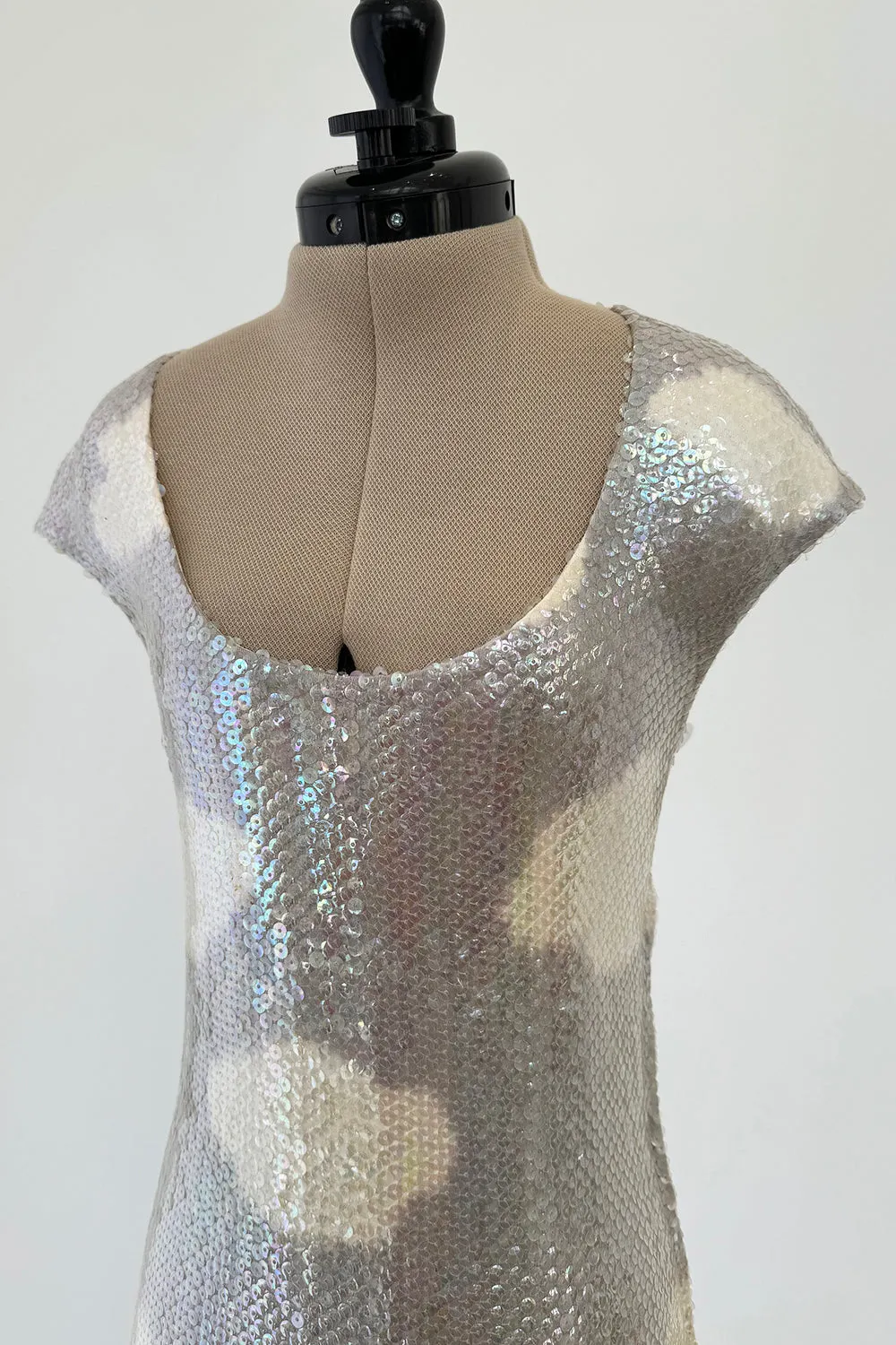 Halston Fall 1973 Cloud Dress in Silver Grey & Ivory Covered with Iridescent Sequins - 13-14" W