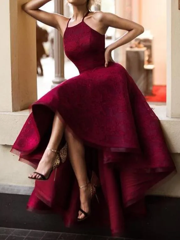 Halter Cute Dark Red High Low Lace Homecoming Dresses 2018, CM511
