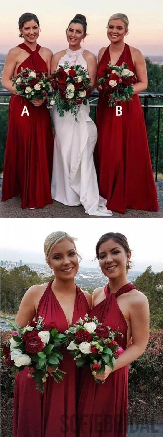 Halter Floor-length Deep V-neck Red Long Bridesmaid Dresses, BD1034