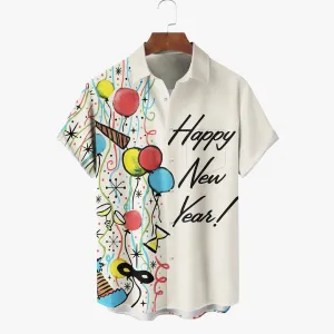 Happy New Year Retro Cartoon Print  Pocket Stretch Hawaiian Shirt Big Tall
