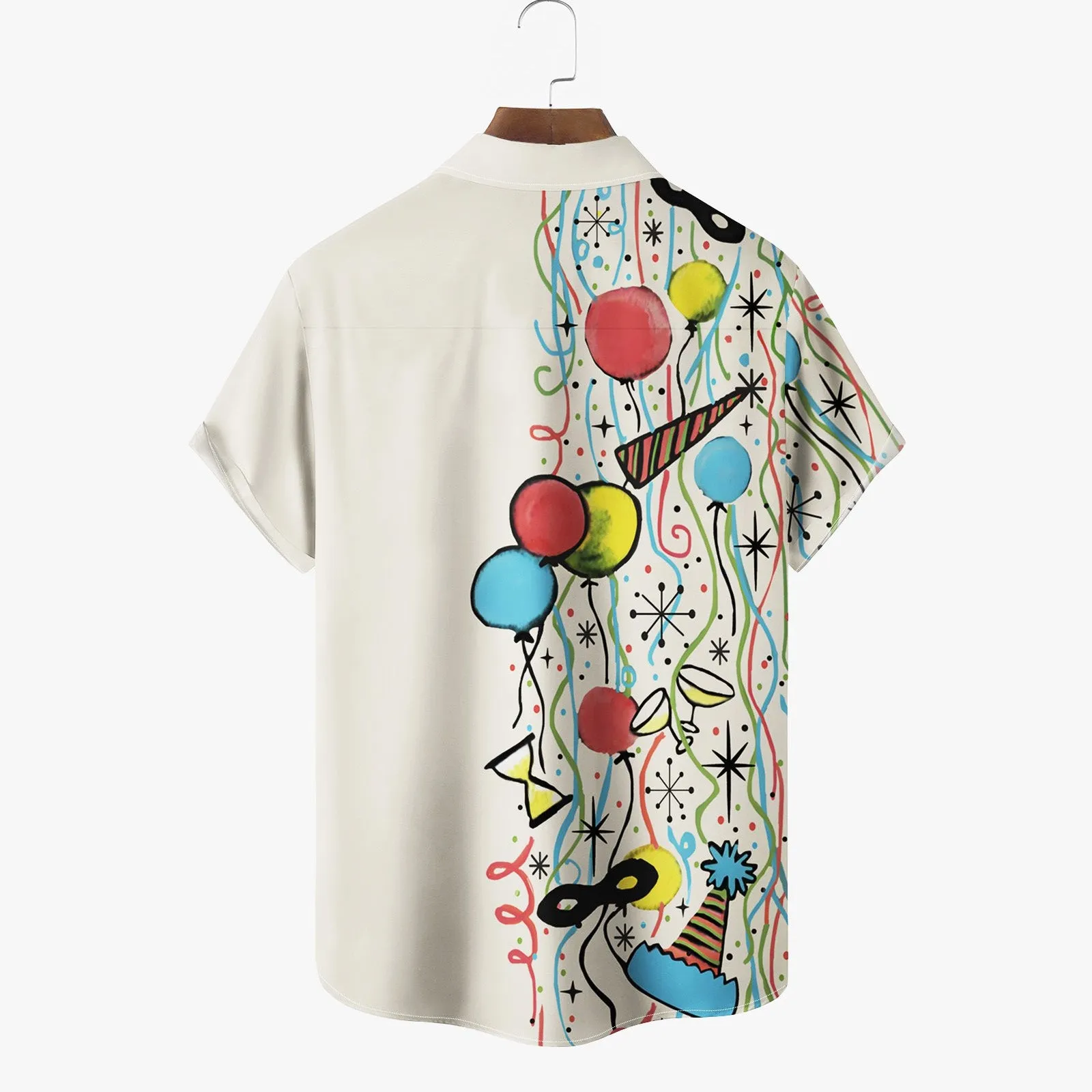 Happy New Year Retro Cartoon Print  Pocket Stretch Hawaiian Shirt Big Tall