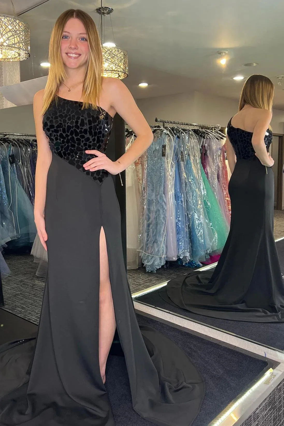 Harlow | Light Blue Cut Glass Mirror One-Shoulder Trumpet Long Formal Dress with Slit