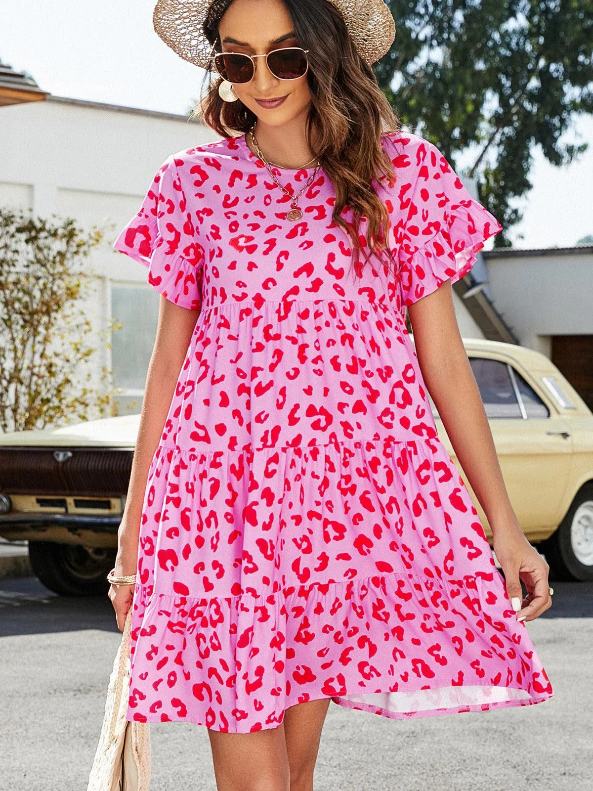 Hazel Blues® | Leopard Short Flounce Sleeve Tiered Dress