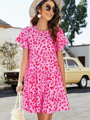 Hazel Blues® | Leopard Short Flounce Sleeve Tiered Dress