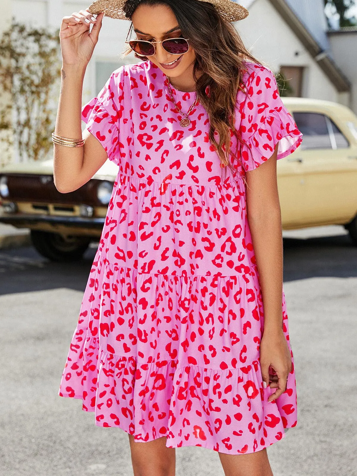 Hazel Blues® | Leopard Short Flounce Sleeve Tiered Dress