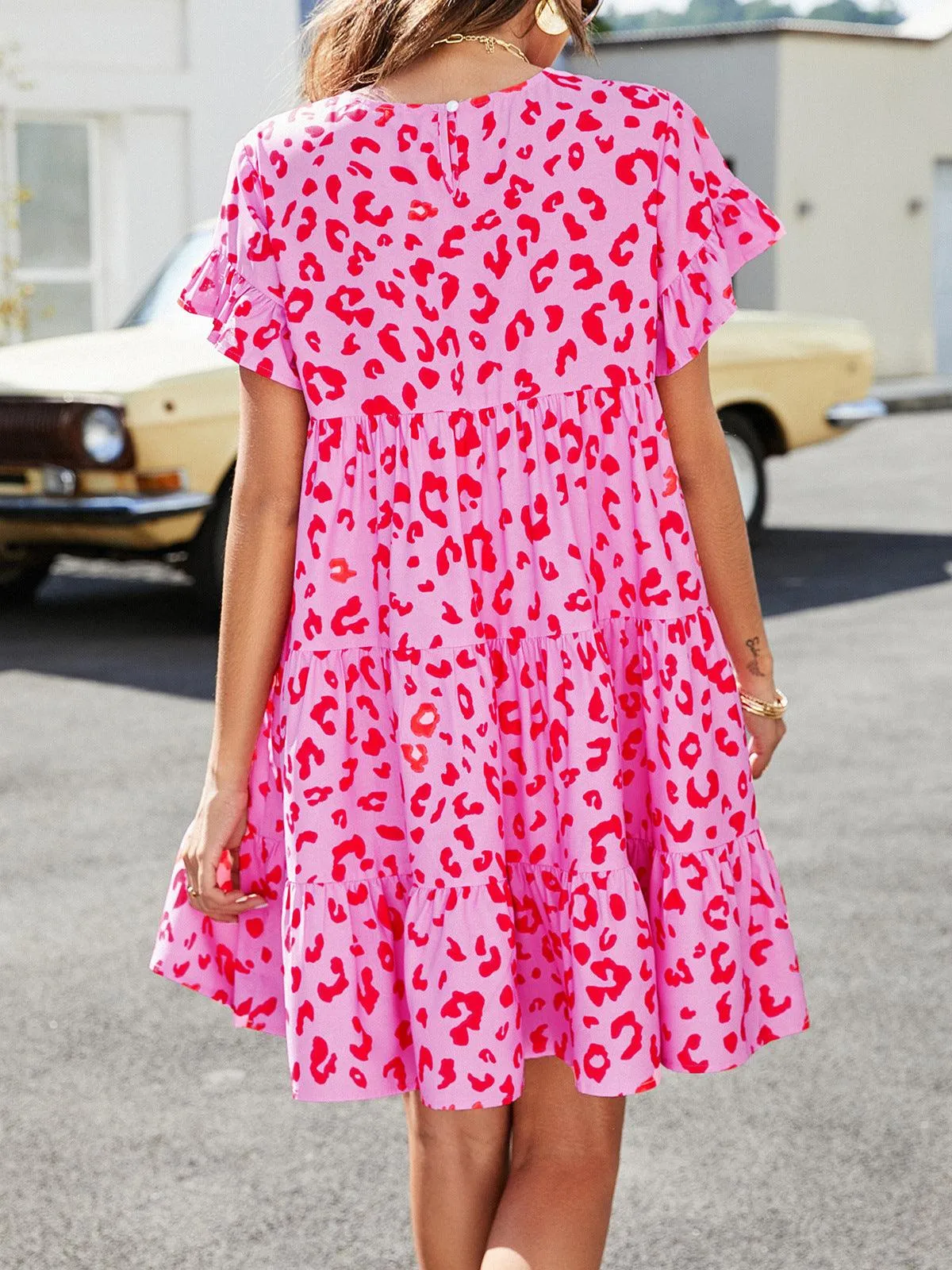 Hazel Blues® | Leopard Short Flounce Sleeve Tiered Dress