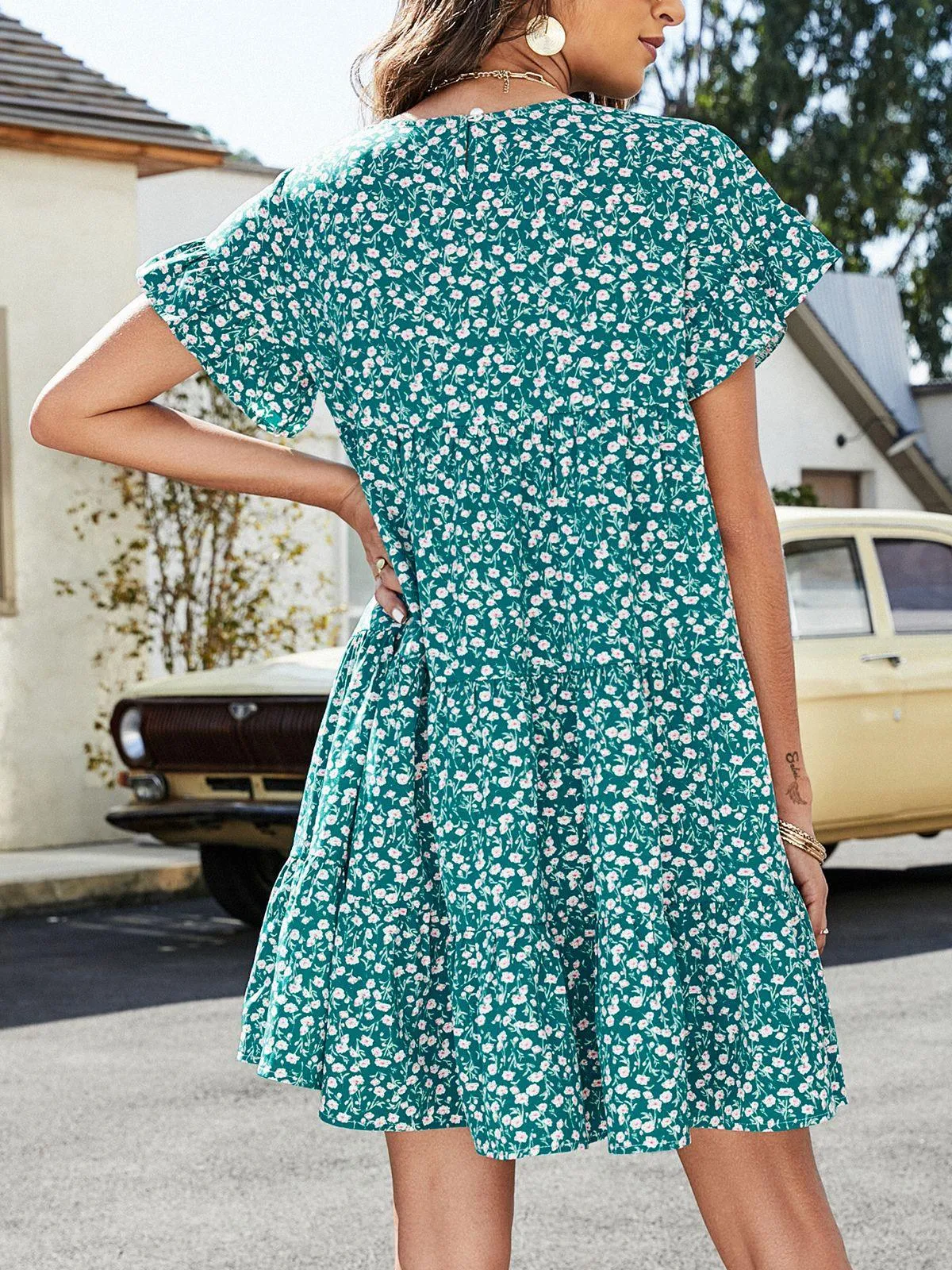 Hazel Blues® | Leopard Short Flounce Sleeve Tiered Dress