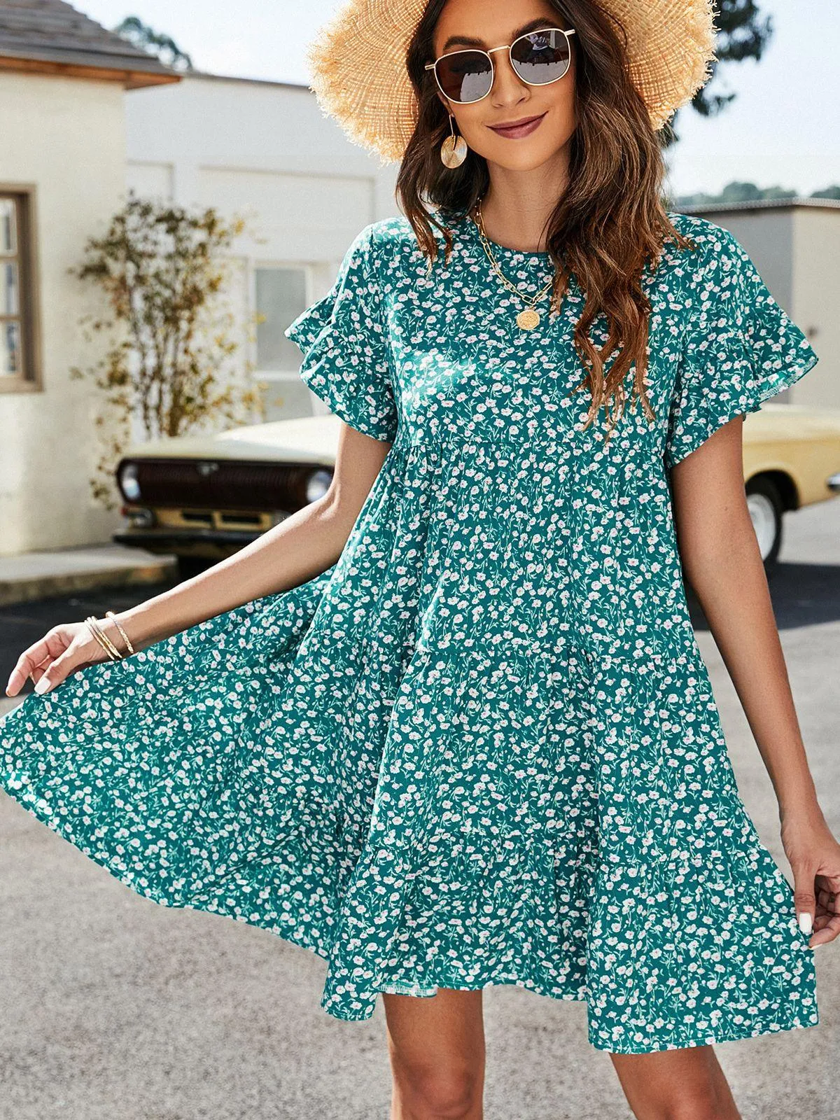 Hazel Blues® | Leopard Short Flounce Sleeve Tiered Dress