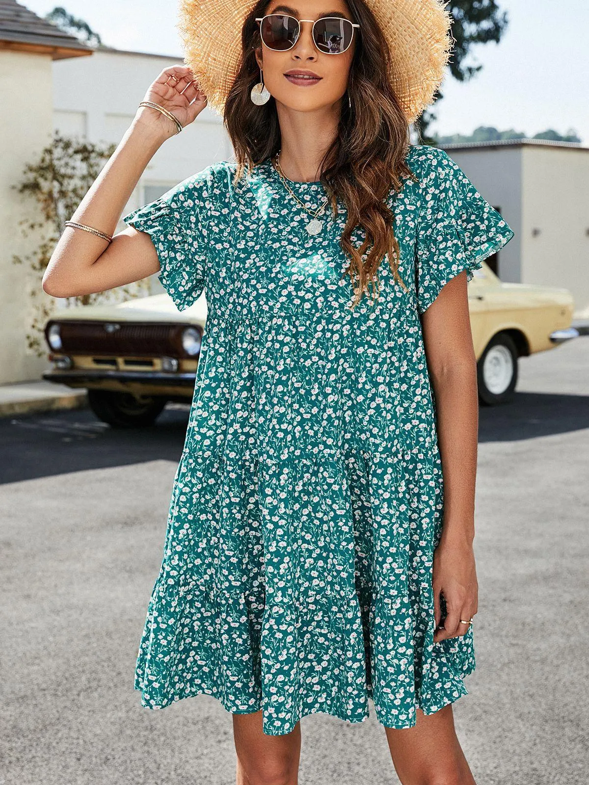Hazel Blues® | Leopard Short Flounce Sleeve Tiered Dress