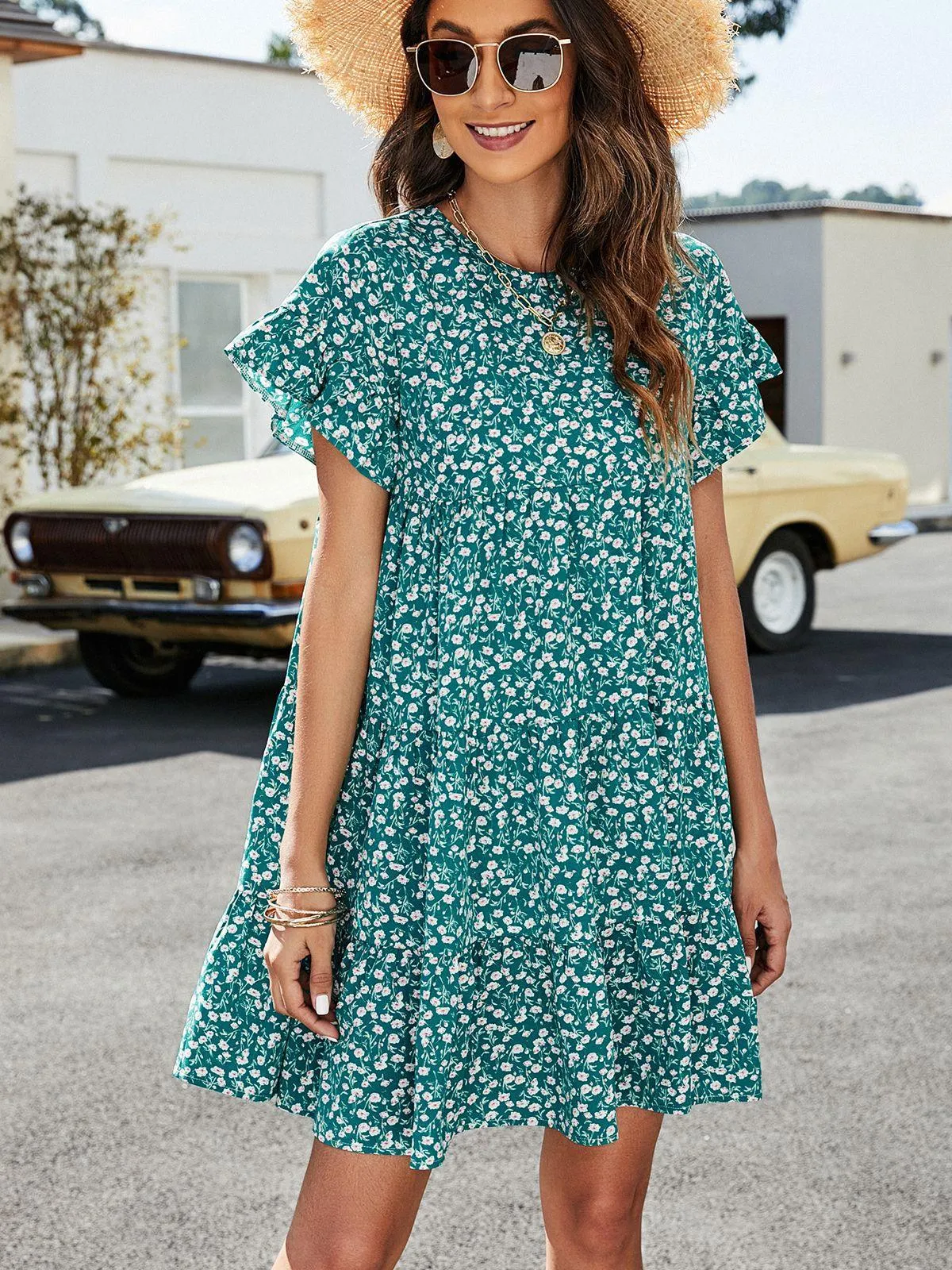 Hazel Blues® | Leopard Short Flounce Sleeve Tiered Dress