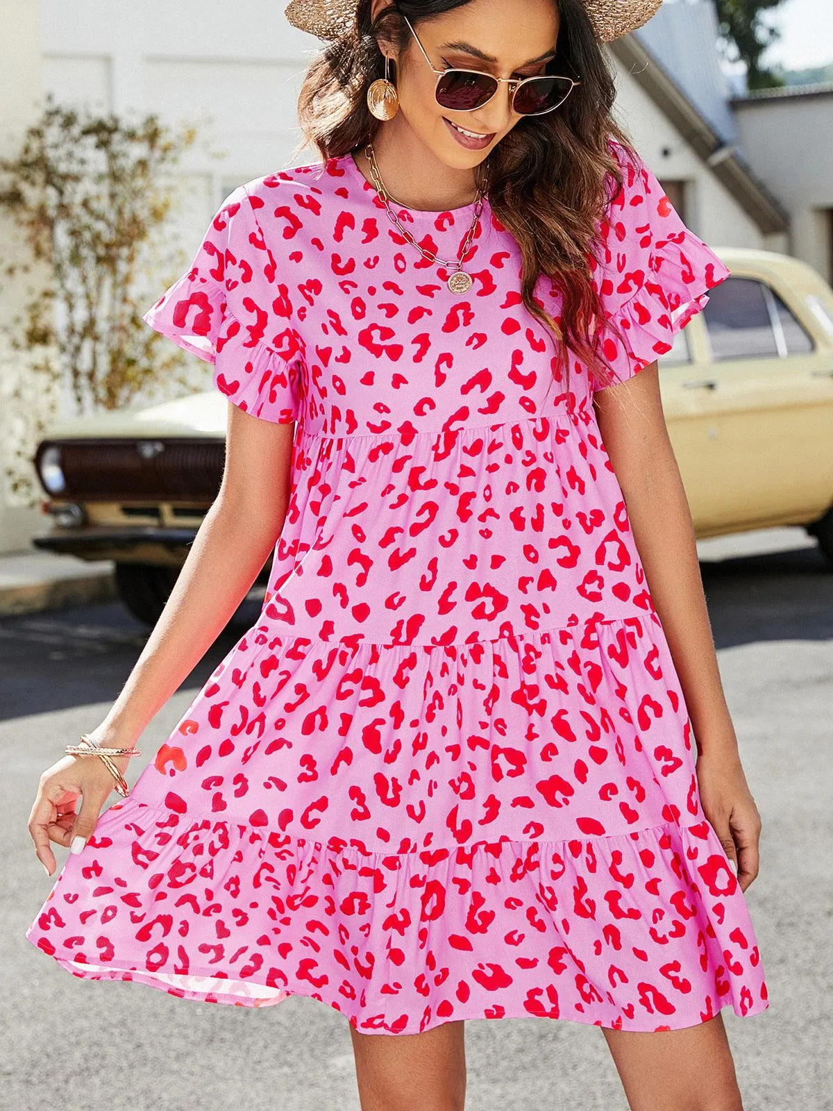 Hazel Blues® | Leopard Short Flounce Sleeve Tiered Dress