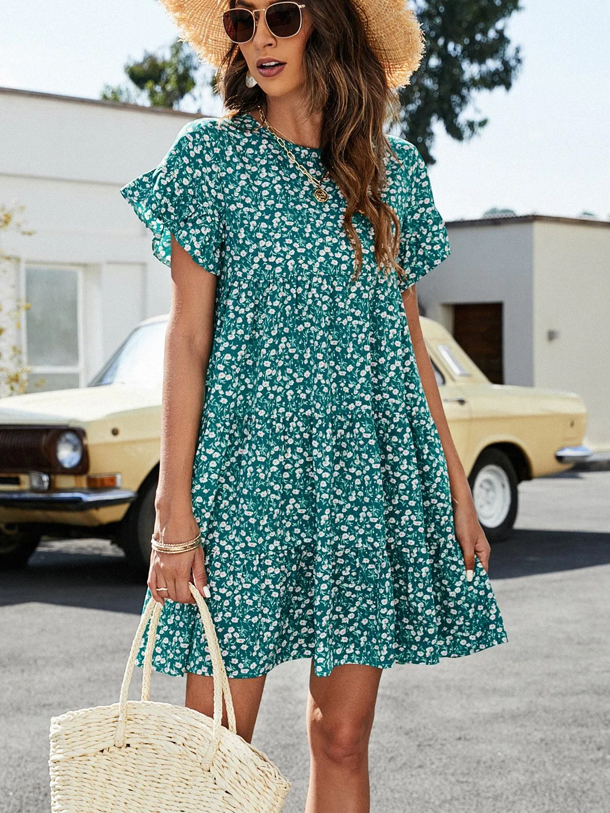 Hazel Blues® | Leopard Short Flounce Sleeve Tiered Dress