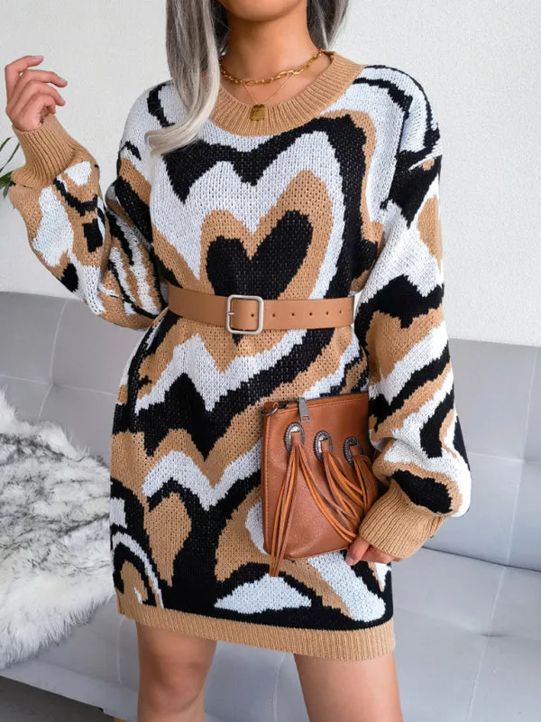 Heart Pattern Knitted Mini Dress with Long Sleeves