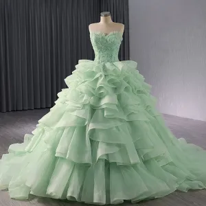 High-end Light Green Ruffles Prom Gown Ball Gown Quinceanera Dress
