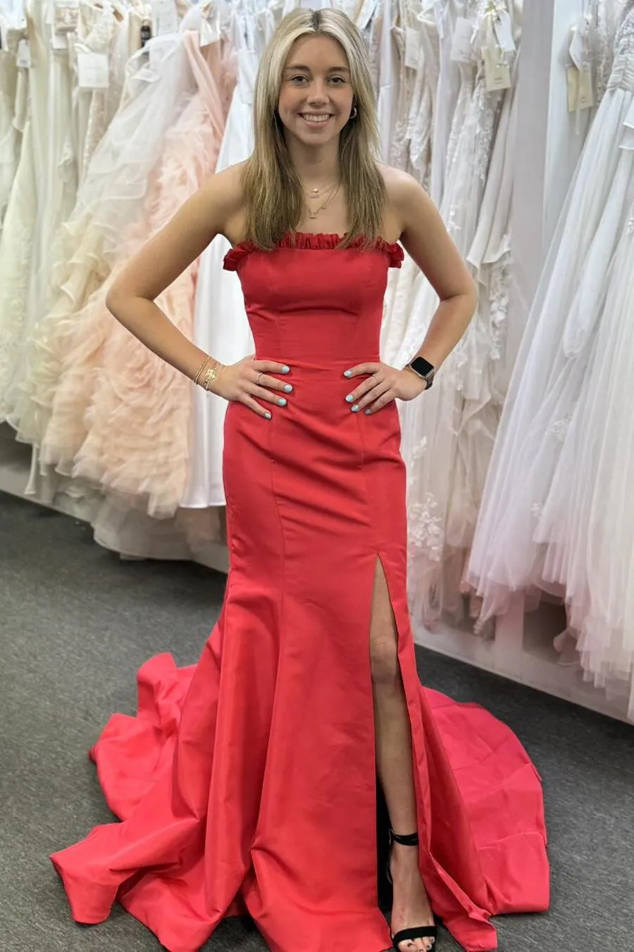 Hot Pink Ruffle Strapless Mermaid Party Dress