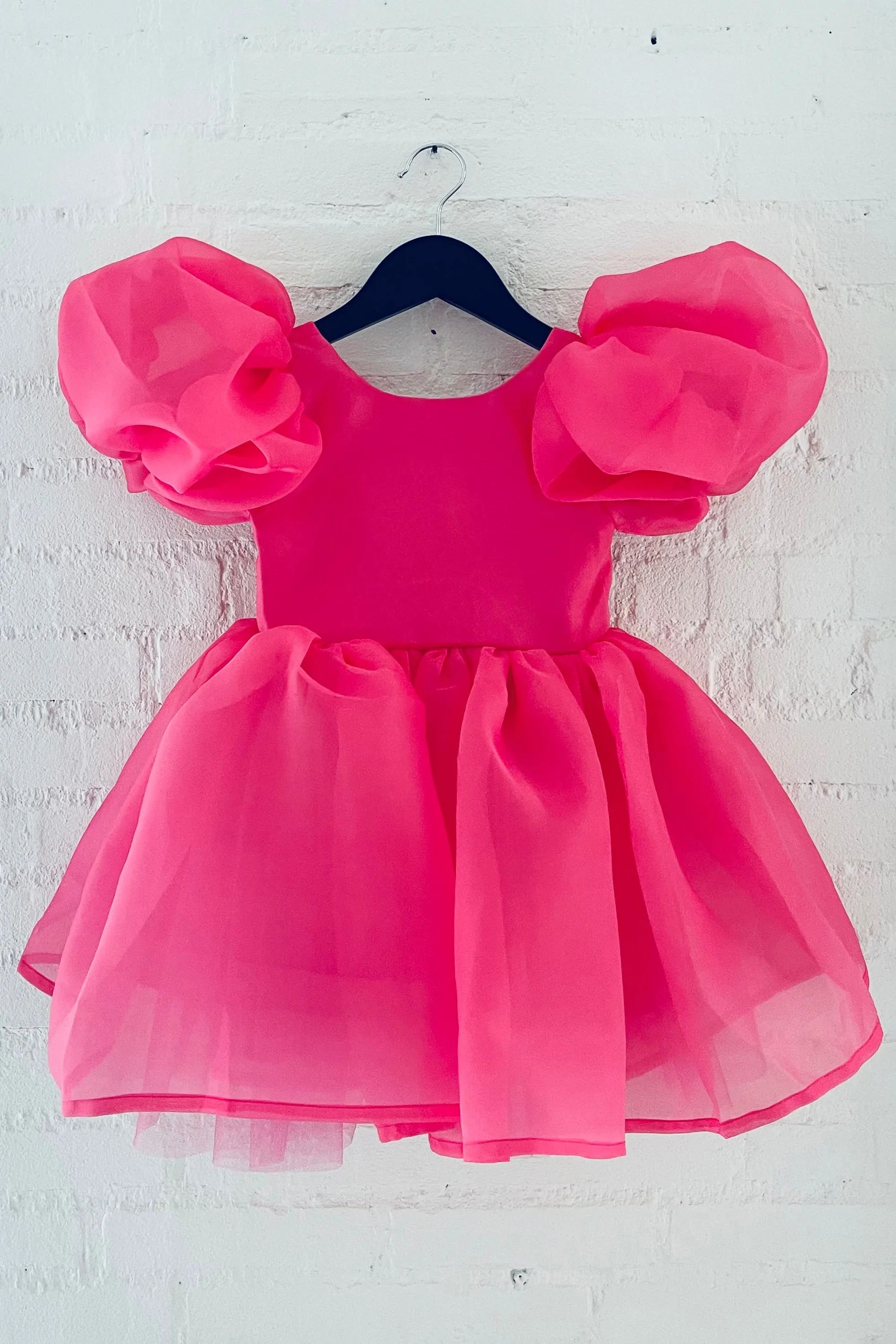 Hot Pink Satin Organza Puff Sleeve Dress