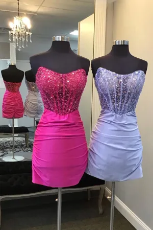 Hot Pink Strapless Beaded Tight Short Homecoming Dress