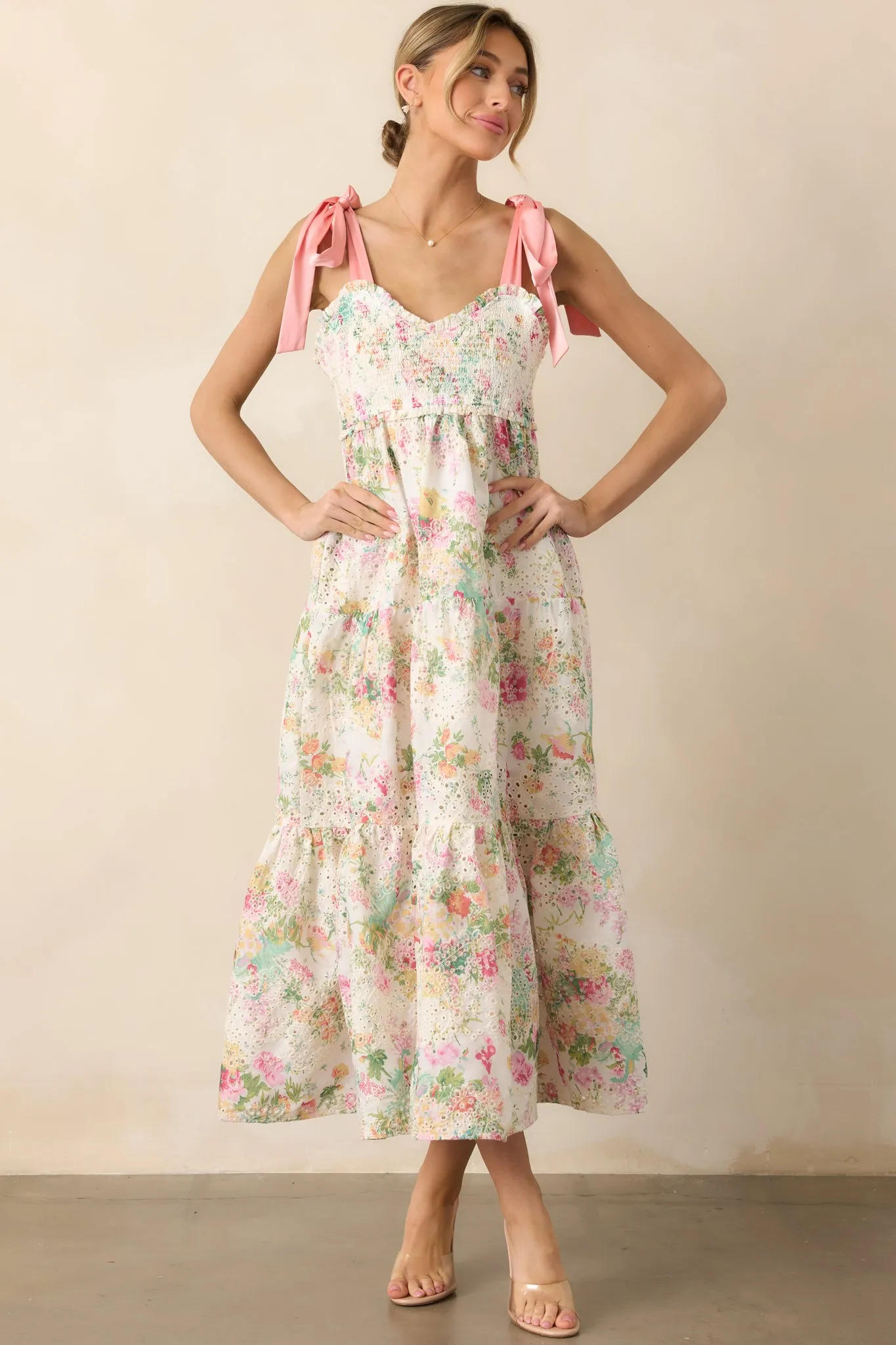 Invite Only Light Pink Multi Floral Embroidered Eyelet Midi Dress