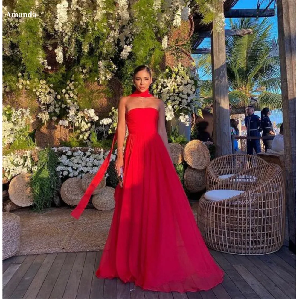 JazzHer A-Line Chiffon Strapless robes de soirée Sleeveless Floor-Length Evening Dresses Cocktail Party Simple Wedding Dress-(PRE-ORDER)