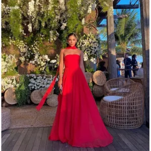 JazzHer A-Line Chiffon Strapless robes de soirée Sleeveless Floor-Length Evening Dresses Cocktail Party Simple Wedding Dress-(PRE-ORDER)