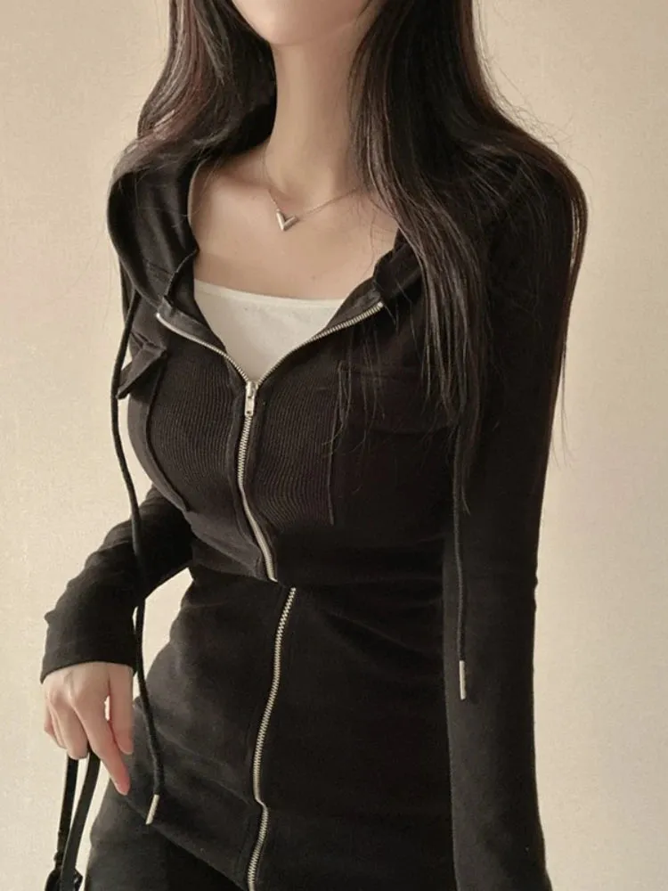 JazzHer Aesthetic Elegant Hooded Dress Women Streetwear Pastel Goth Fairycore Grunge Zip-up Pockets Long Sleeve Bodycon Dresses