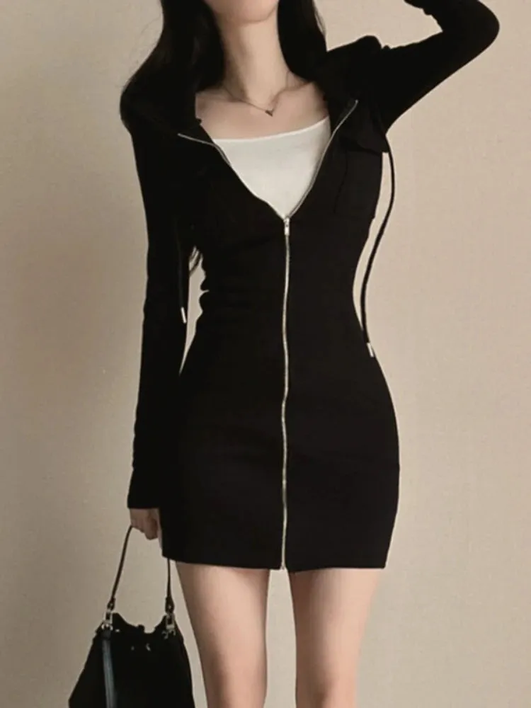 JazzHer Aesthetic Elegant Hooded Dress Women Streetwear Pastel Goth Fairycore Grunge Zip-up Pockets Long Sleeve Bodycon Dresses