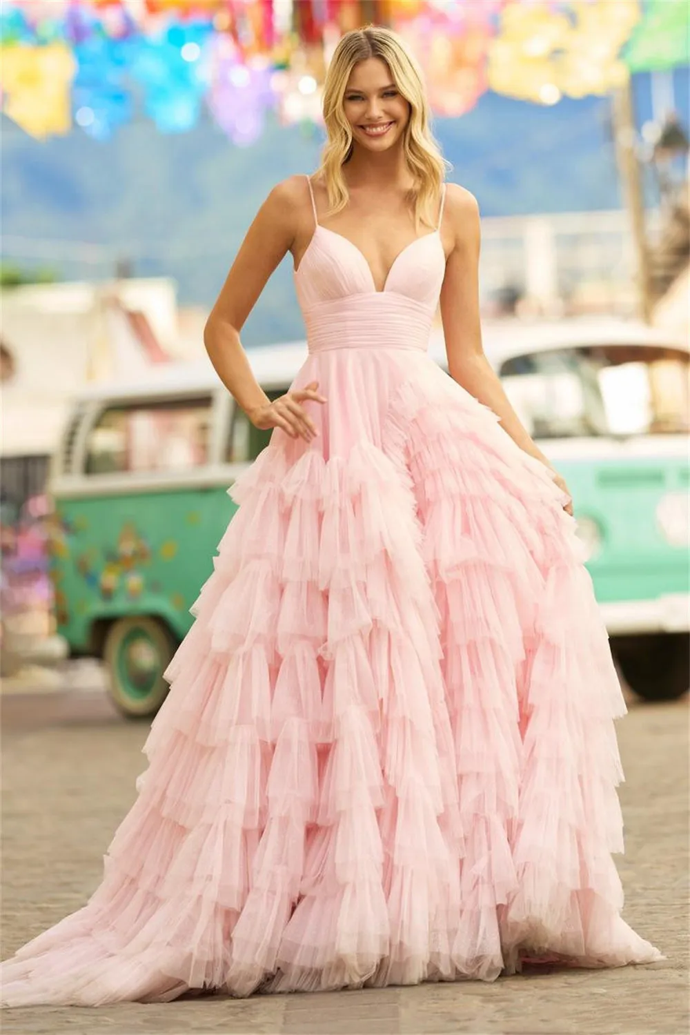 JazzHer Baby Pink Multilayer Prom Dress 2025 Princess Evening Dresses Tulle Sweep Train Party Dresses Sleeveless Robe De Soirée-(PRE-ORDER)