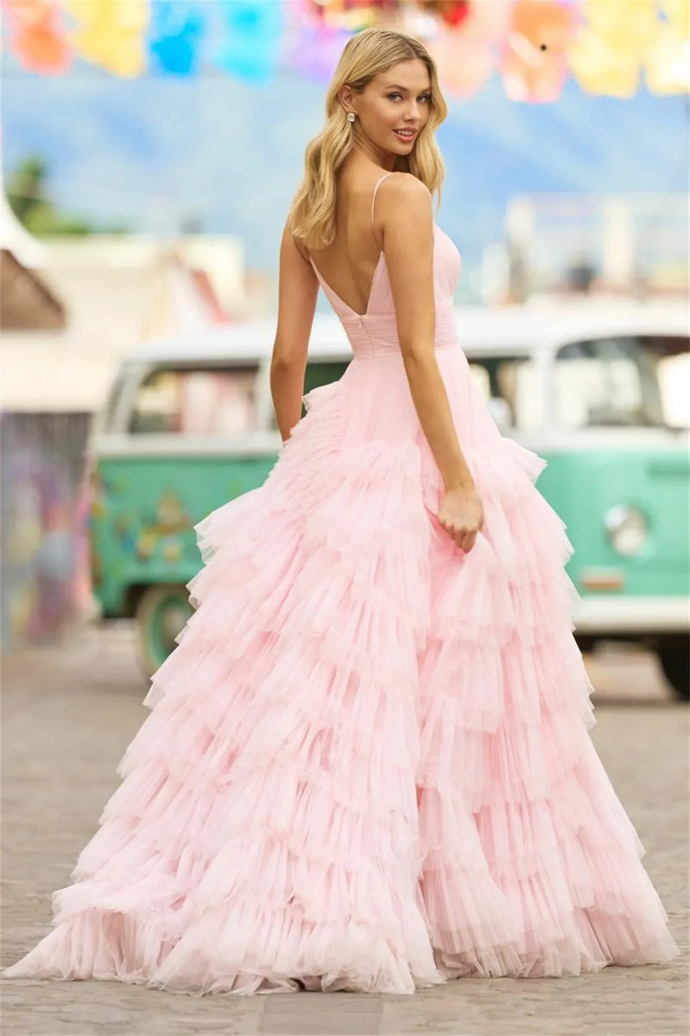 JazzHer Baby Pink Multilayer Prom Dress 2025 Princess Evening Dresses Tulle Sweep Train Party Dresses Sleeveless Robe De Soirée-(PRE-ORDER)