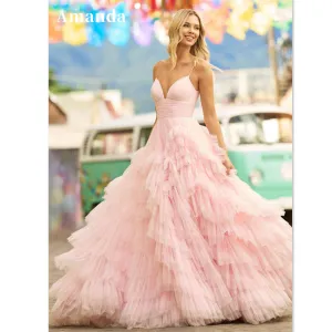 JazzHer Baby Pink Multilayer Prom Dress 2025 Princess Evening Dresses Tulle Sweep Train Party Dresses Sleeveless Robe De Soirée-(PRE-ORDER)