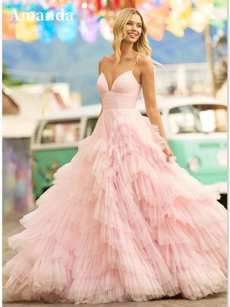 JazzHer Baby Pink Multilayer Prom Dress 2025 Princess Evening Dresses Tulle Sweep Train Party Dresses Sleeveless Robe De Soirée-(PRE-ORDER)
