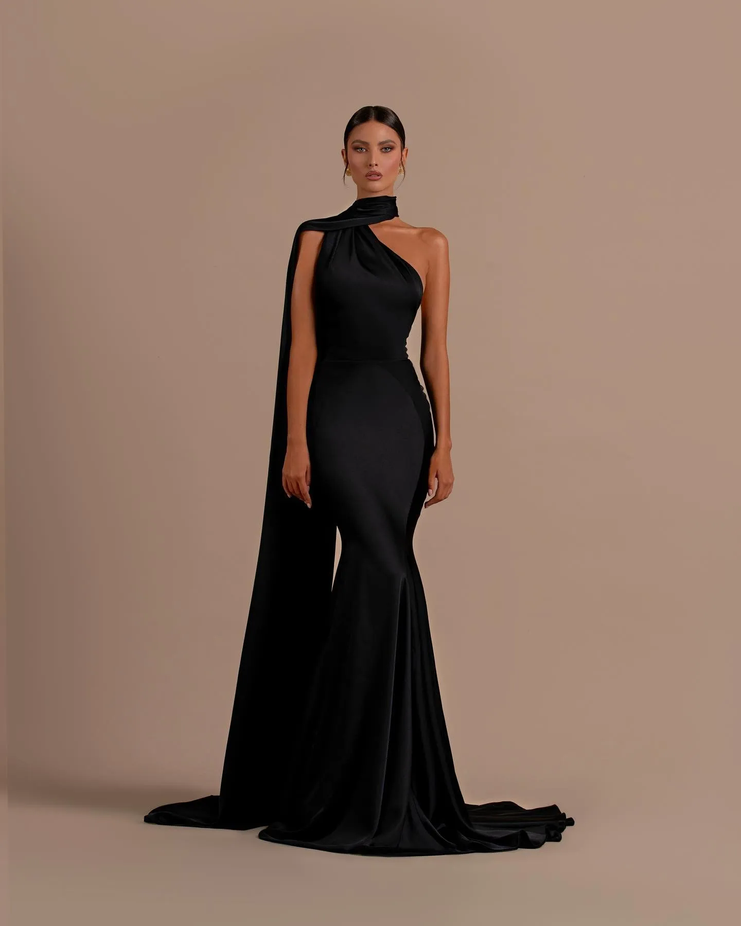 JazzHer Black Mermaid Prom Dresses 2025 One Shoulder Long Shawl Formal Occasion Dresses Sweep Train Elegant Sleeveless Clubbing-(PRE-ORDER)