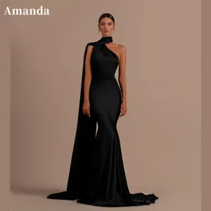 JazzHer Black Mermaid Prom Dresses 2025 One Shoulder Long Shawl Formal Occasion Dresses Sweep Train Elegant Sleeveless Clubbing-(PRE-ORDER)