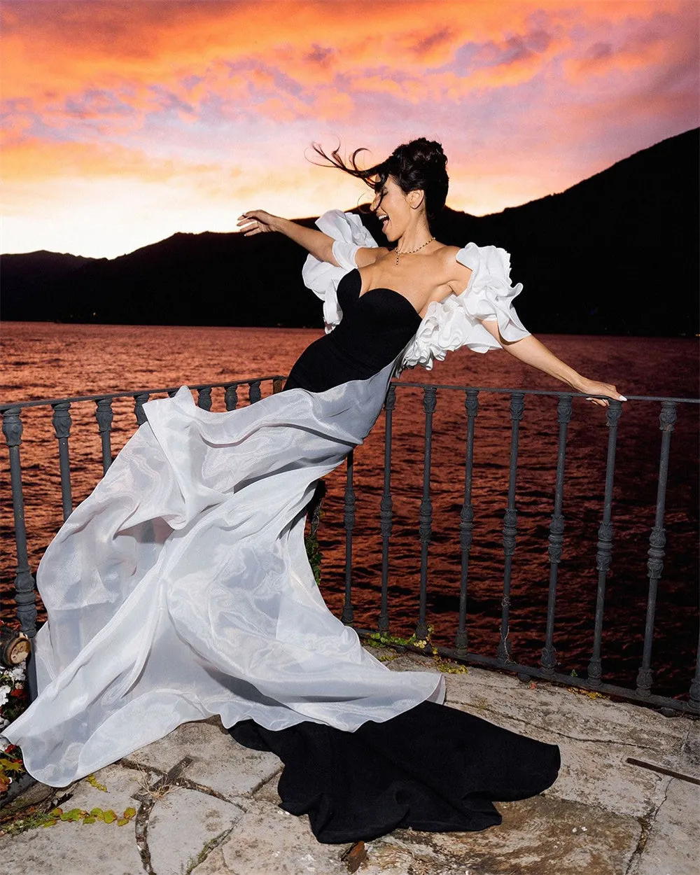 JazzHer Customized Luxury Mermaid платье вечернее Flower Cape Fishtail Evening Dresses Black And White Party Dresses-(PRE-ORDER)