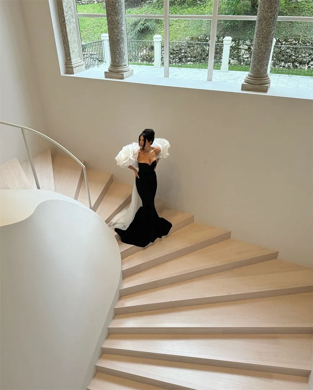 JazzHer Customized Luxury Mermaid платье вечернее Flower Cape Fishtail Evening Dresses Black And White Party Dresses-(PRE-ORDER)