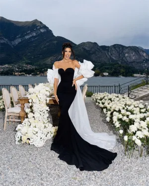 JazzHer Customized Luxury Mermaid платье вечернее Flower Cape Fishtail Evening Dresses Black And White Party Dresses-(PRE-ORDER)