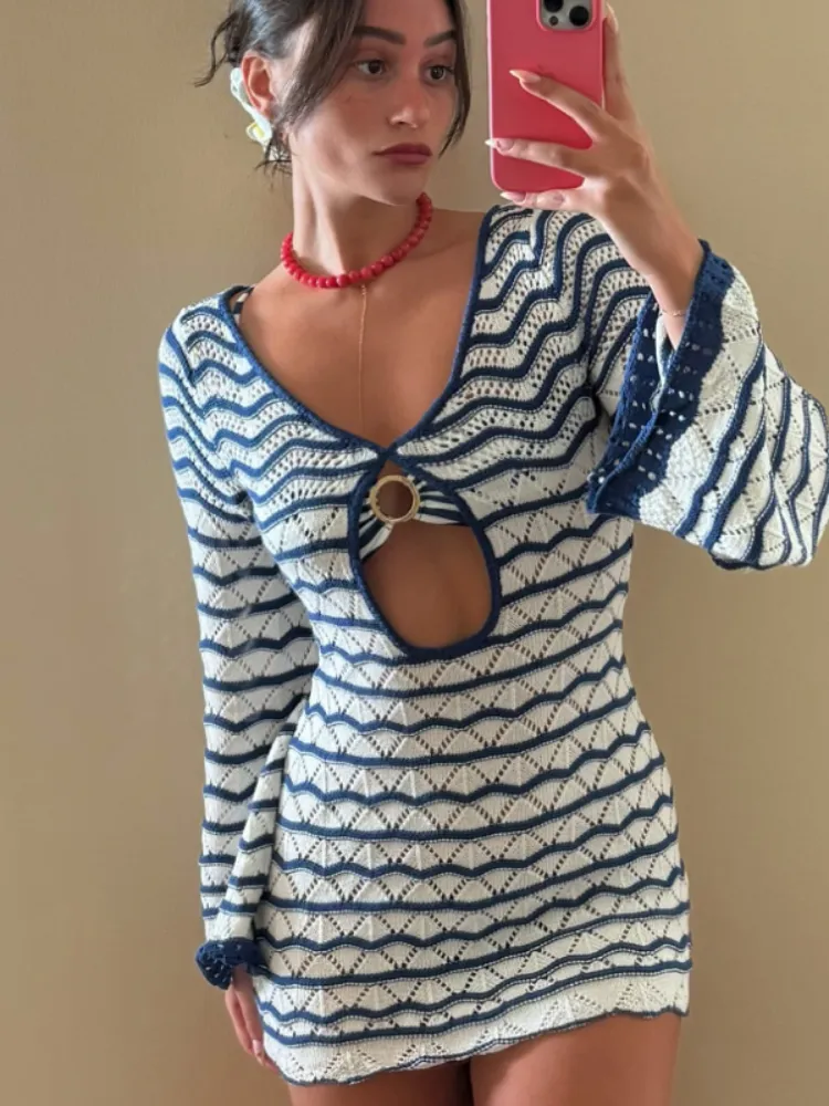 JazzHer Fashion Contrasting Knitted Hollow Out Mini Dress Women Elegant Flare Long Sleeve Short Dresses New Summer Holiday Beach Vestido