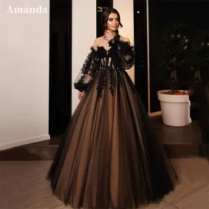 JazzHer Gothic A-line Evening Dresses Black Lace Embroidery Prom Dress 2025 Off Shoulder Puffy Party Dresses Robe De Soirée-(PRE-ORDER)
