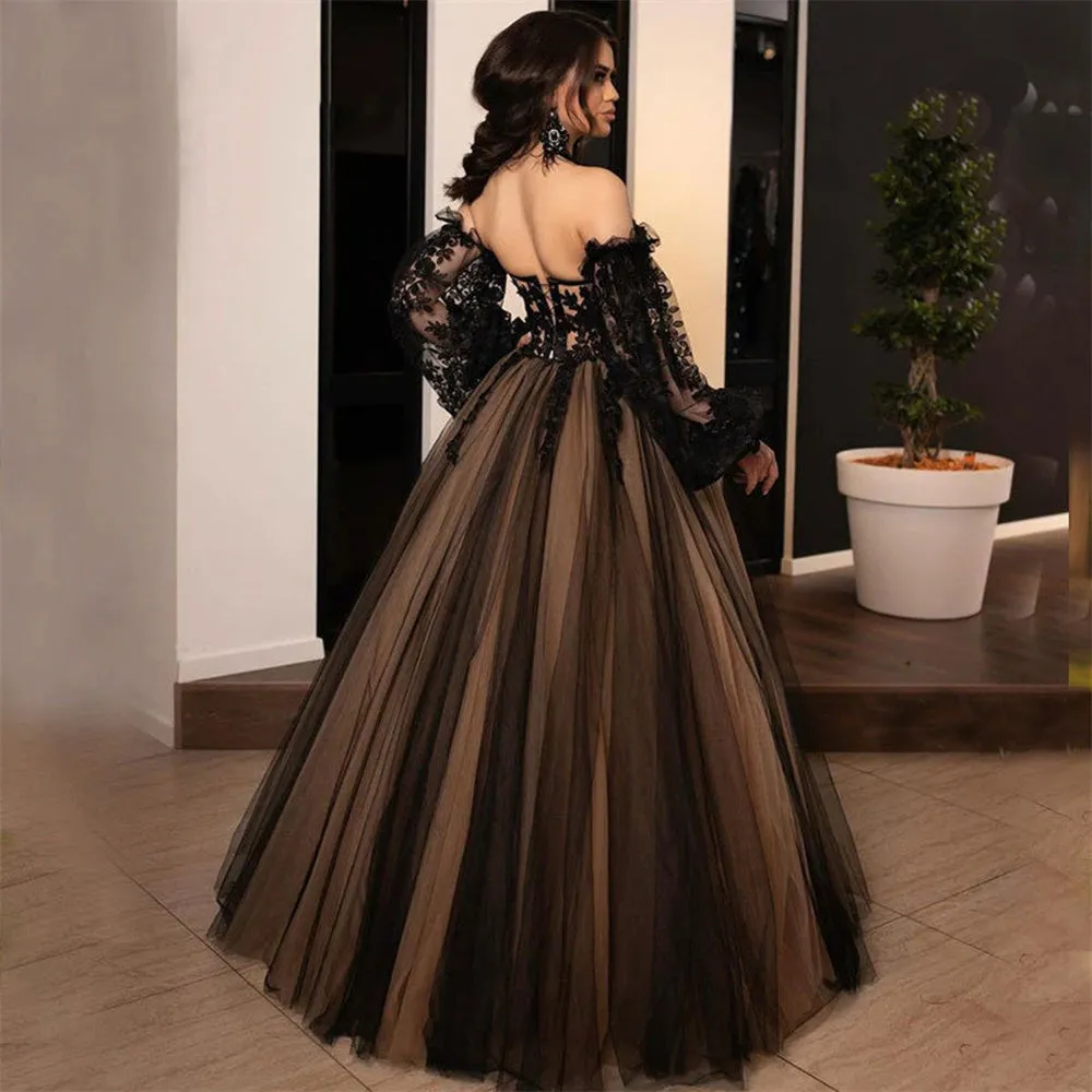 JazzHer Gothic A-line Evening Dresses Black Lace Embroidery Prom Dress 2025 Off Shoulder Puffy Party Dresses Robe De Soirée-(PRE-ORDER)