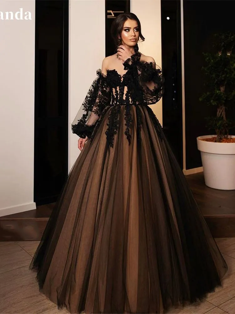 JazzHer Gothic A-line Evening Dresses Black Lace Embroidery Prom Dress 2025 Off Shoulder Puffy Party Dresses Robe De Soirée-(PRE-ORDER)