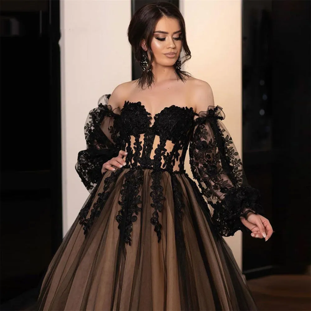 JazzHer Gothic A-line Evening Dresses Black Lace Embroidery Prom Dress 2025 Off Shoulder Puffy Party Dresses Robe De Soirée-(PRE-ORDER)