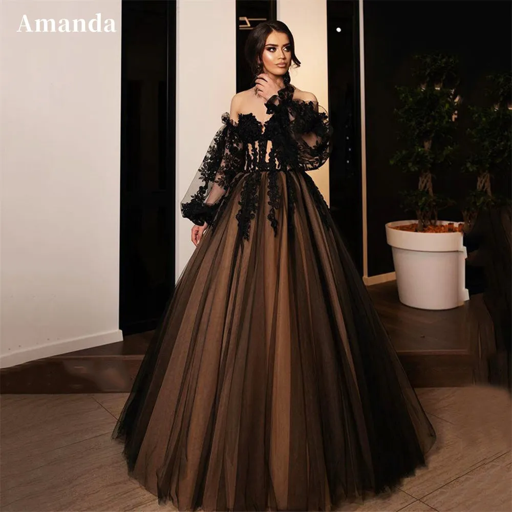 JazzHer Gothic A-line Evening Dresses Black Lace Embroidery Prom Dress 2025 Off Shoulder Puffy Party Dresses Robe De Soirée-(PRE-ORDER)