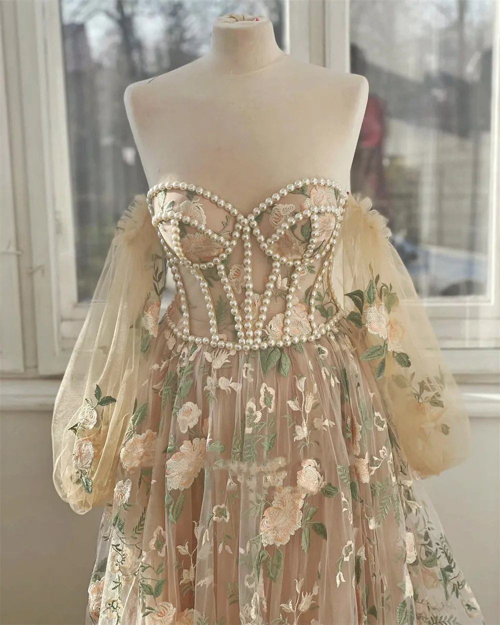 JazzHer Handmade Pearl Beading Prom Dress 2024 Princess Puffy Sleeve Evening Dresses Off Shoulder Party Dresses Robe De Soirée-(PRE-ORDER)
