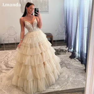 JazzHer Luxury Beige Prom Dresses Spaghetti Strap Evening Dress Elegant Sleeveless Lace-up Tulle Party vestidos de fiesta 2024-(PRE-ORDER)