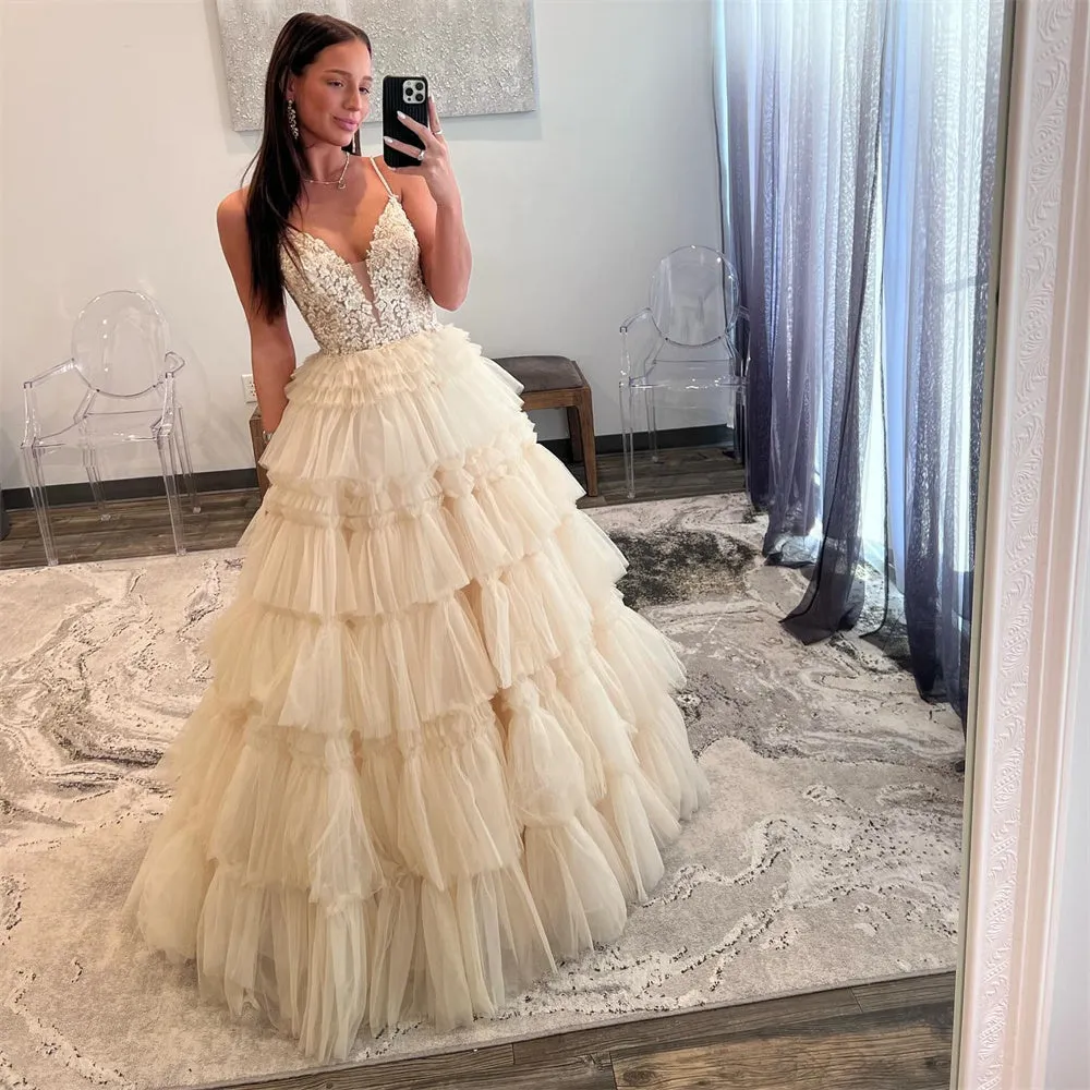 JazzHer Luxury Beige Prom Dresses Spaghetti Strap Evening Dress Elegant Sleeveless Lace-up Tulle Party vestidos de fiesta 2024-(PRE-ORDER)